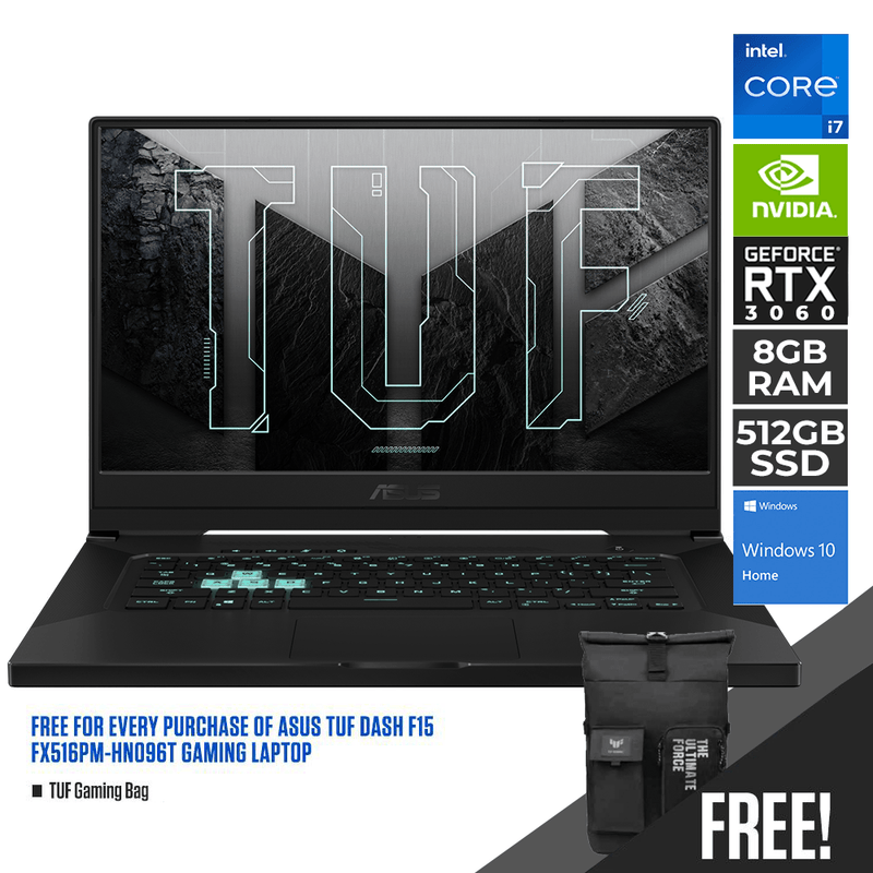 ASUS TUF DASH F15 FX516PM-HN096T GAMING LAPTOP |15.6” FHD  | i7 11370H | 8GB RAM | 512GB SSD | RTX 3060 | WINDOWS 10 HOME | TUF GAMING BAG - DataBlitz
