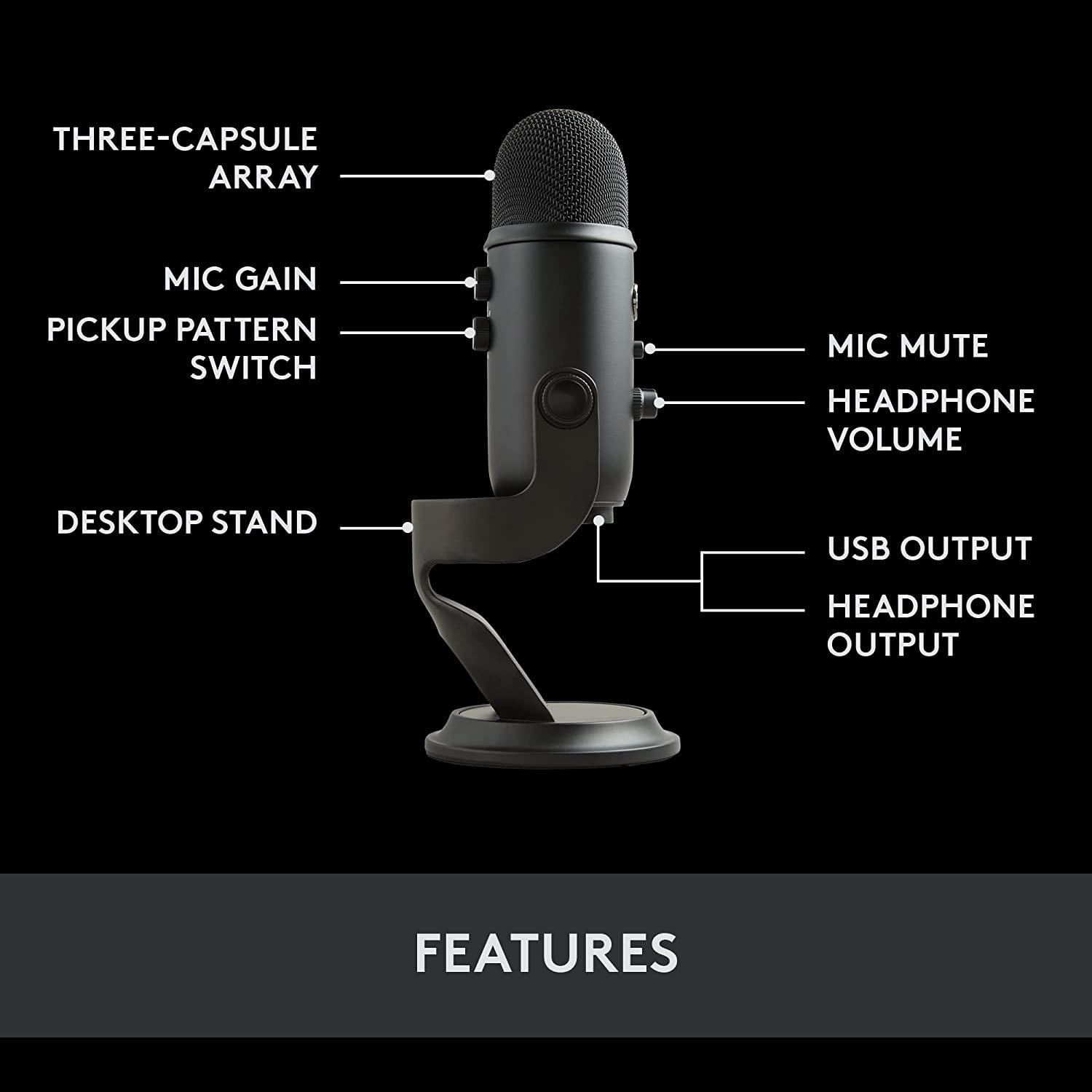 LOGITECH BLUE YETI PREMIUM MULTI-PATTERN USB MICROPHONE FOR RECORDING/ STREAMING/ PODCASTING/ GAMING (BLACKOUT) - DataBlitz