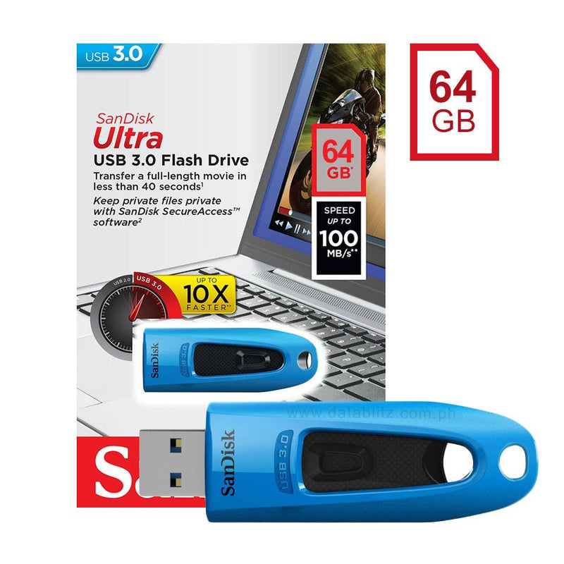SANDISK ULTRA USB 3.0 FLASH DRIVE 64GB (BLACK/BLUE) - DataBlitz