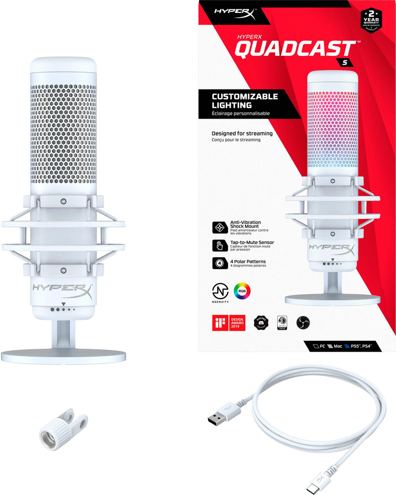 HyperX Quadcast S Wired Multi-Pattern USB Electret Condenser Microphone For PC/MAC/PS5/PS4 (White) - DataBlitz