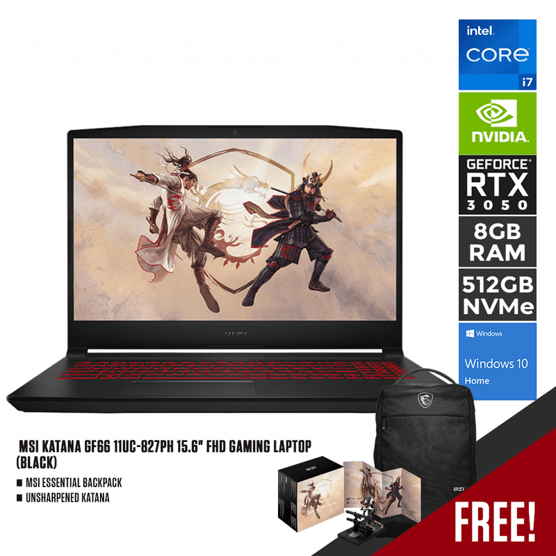 MSI KATANA GF66 11UC-827PH GAMING LAPTOP (BLACK) | 15.6" FHD | i7-11800H | 8GB DDR4 | 512GB SSD | RTX3050 | WIN10 + MSI ESSENTIAL BACKPACK + HELMET AND KATANA SET - DataBlitz