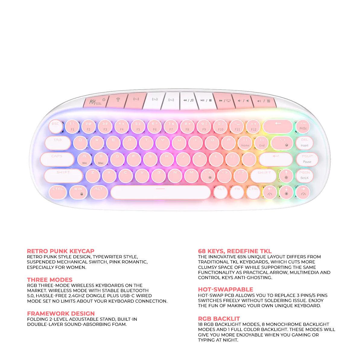 Royal Kludge RK Round Tri-Mode RGB 68 Keys Hot Swappable Mechanical Keyboard White (Pink Switch) - DataBlitz