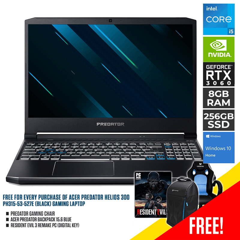 ACER PREDATOR HELIOS 300 PH315-53-527E 15.6" GAMING LAPTOP  + RESIDENT EVIL 3 REMAKE PC (DIGITAL KEY) + ACER PREDATOR BACKPACK 15.6 (BLUE) & GAMING CHAIR - DataBlitz