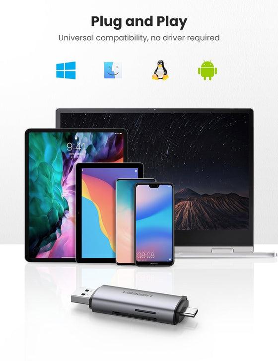 UGREEN USB-C/USB-A TO TF/SD 3.0 Card Reader With USB Power (Gray) (CM185/50706) - DataBlitz