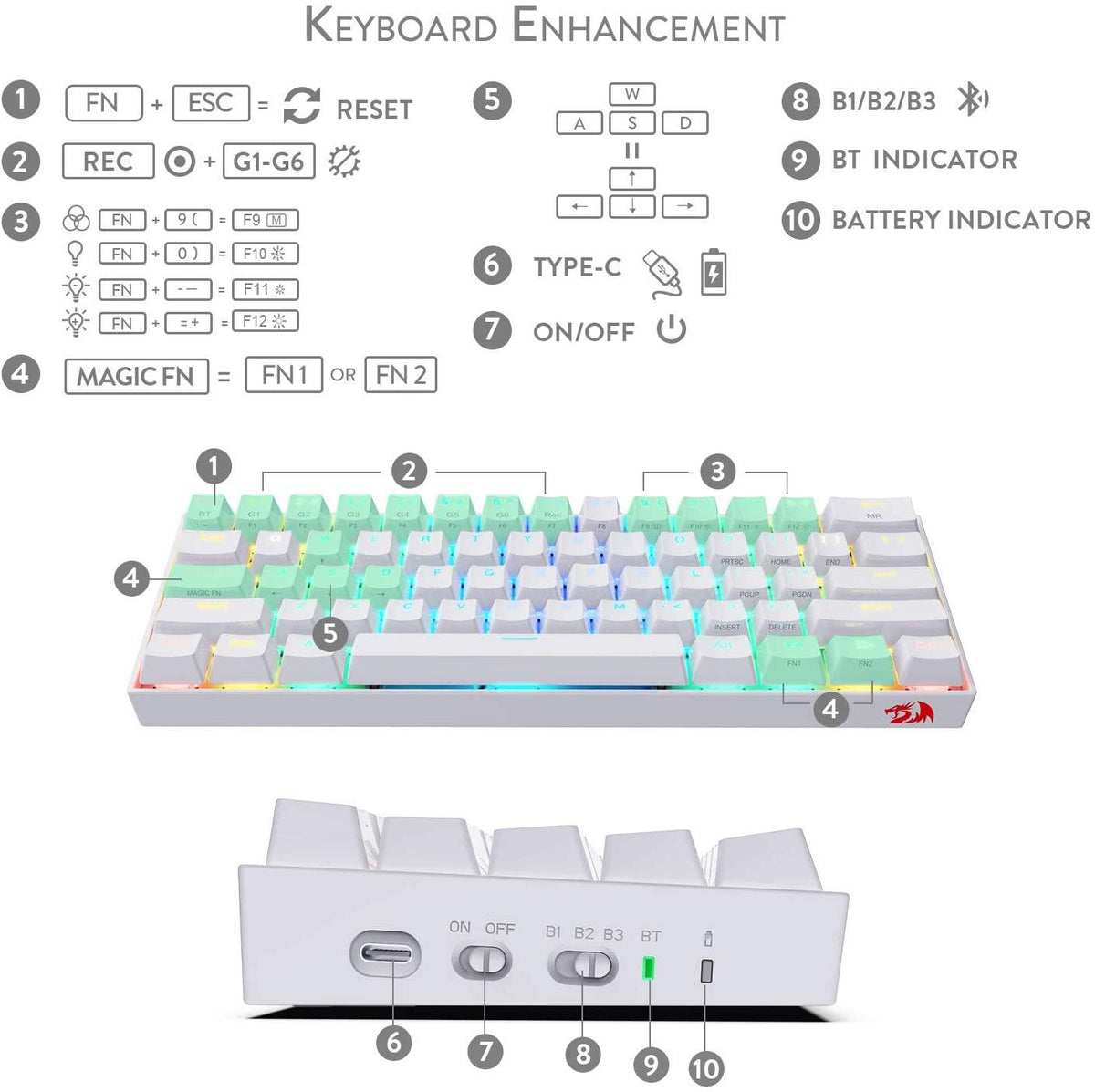 REDRAGON DRACONIC WIRELESS RGB MECHANICAL KEYBOARD (WHITE) (DUST-PROOF BROWN) (K530W-RGB) - DataBlitz