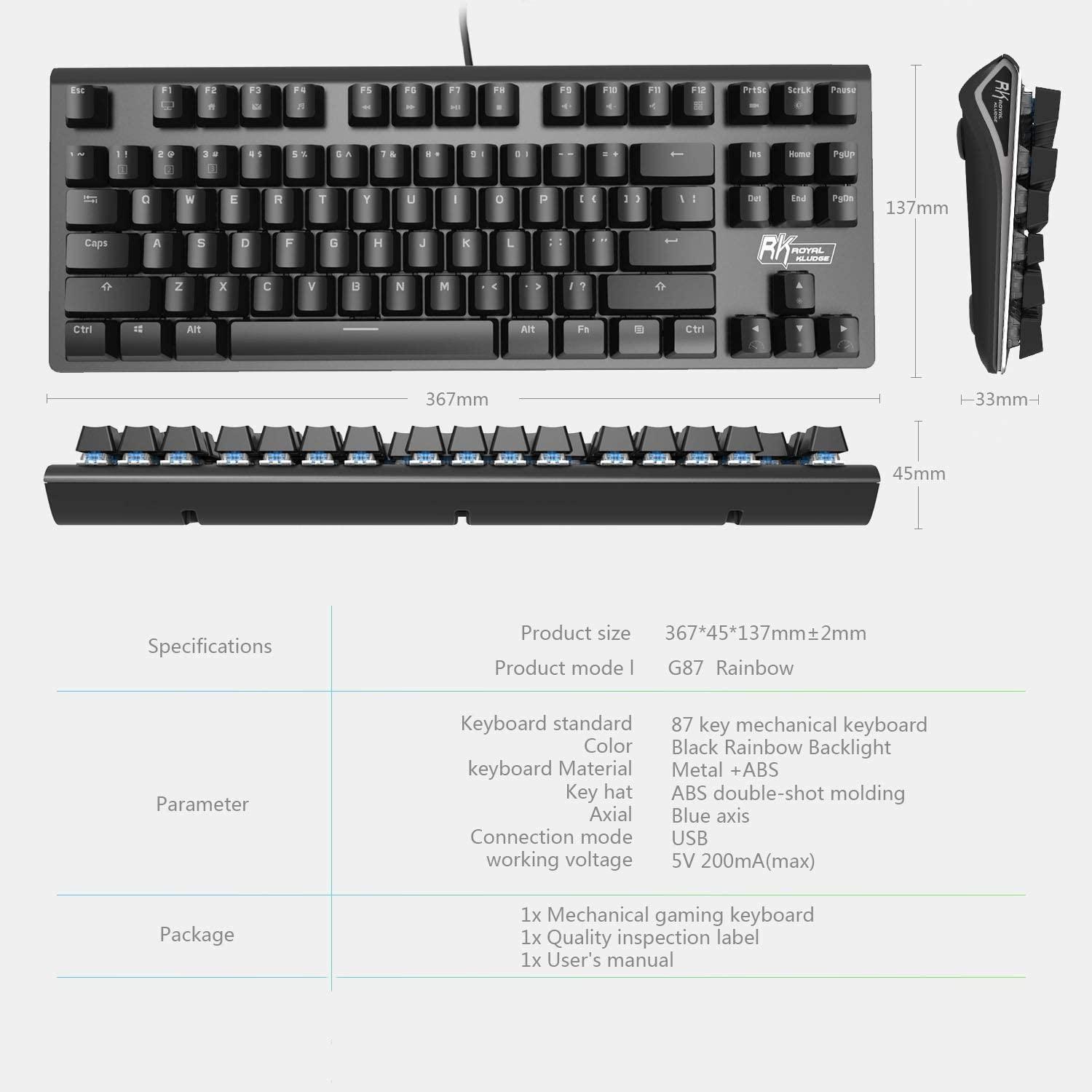 ROYAL KLUDGE G87 DUAL-MODE RGB 87 KEYS MECHANICAL KEYBOARD BLACK (BLUE SWITCH) - DataBlitz
