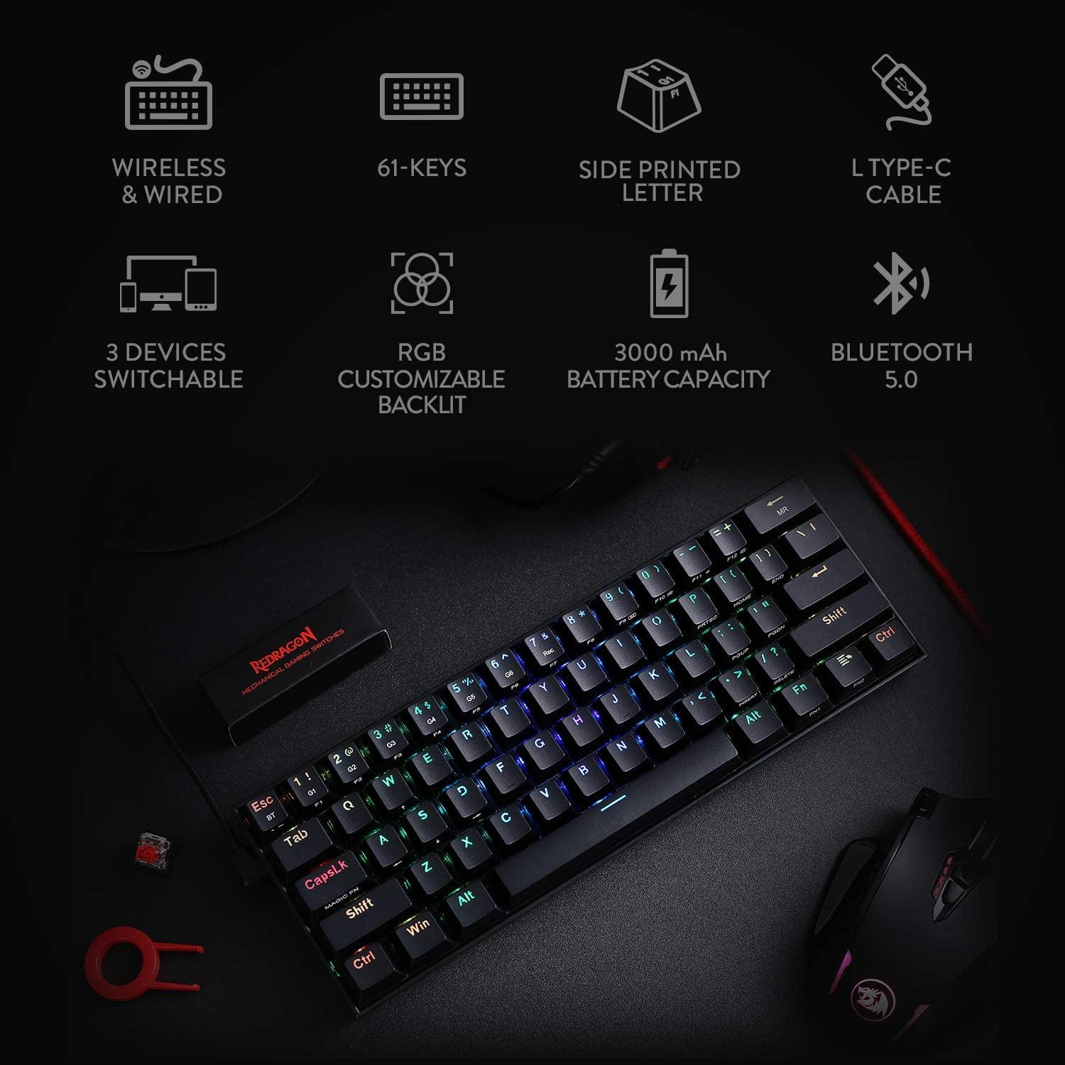 REDRAGON DRACONIC WIRELESS RGB MECHANICAL KEYBOARD (BLACK) (DUST-PROOF BROWN) (K530RGB) - DataBlitz