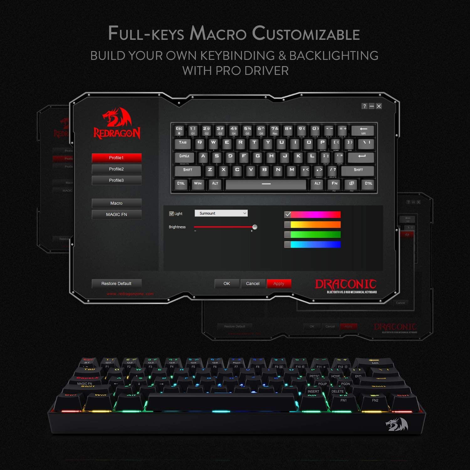 REDRAGON DRACONIC WIRELESS RGB MECHANICAL KEYBOARD (BLACK) (DUST-PROOF BROWN) (K530RGB) - DataBlitz