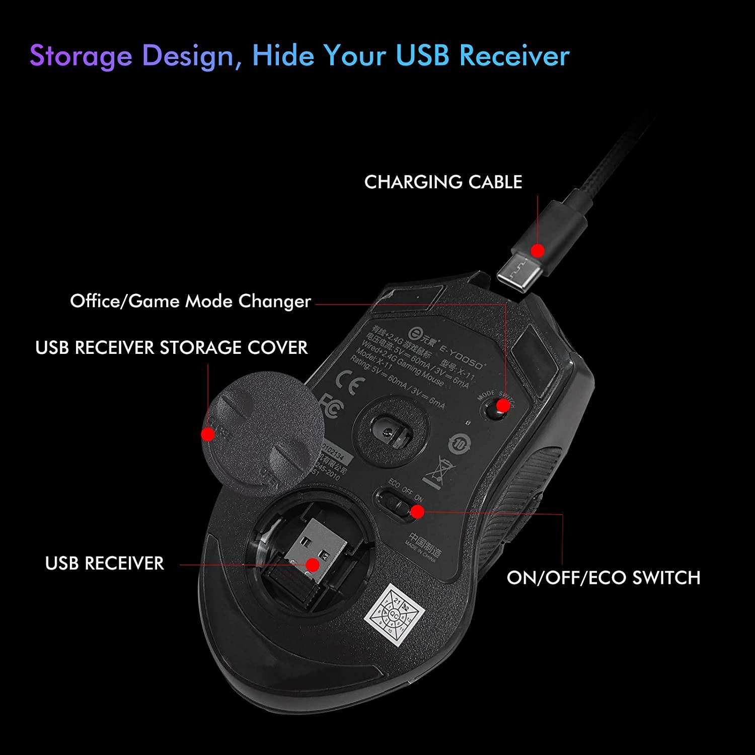 E-Yooso X-11 RGB Ergonomic Wireless Gaming Mouse (Black) - DataBlitz