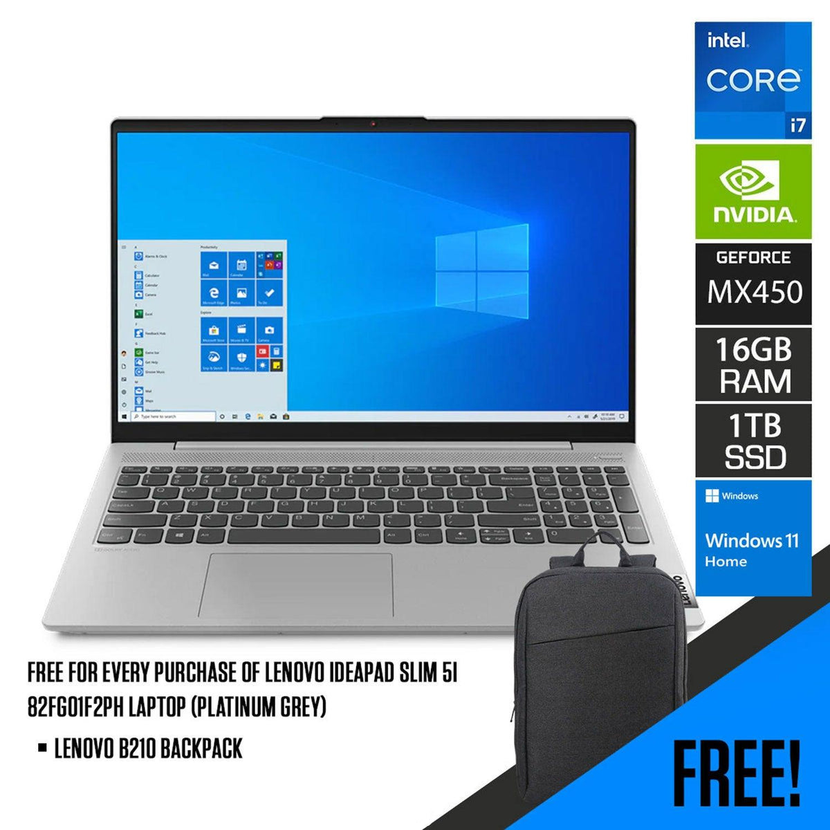 LENOVO Ideapad Slim 5I 82FG01F2PH Laptop (Platinum Grey) | 15.6" FHD | i7-1165G7 | 16GB DDR4 | 1TB SSD | MX450 | Windows 11 Home | LENOVO B210 Backpack - DataBlitz