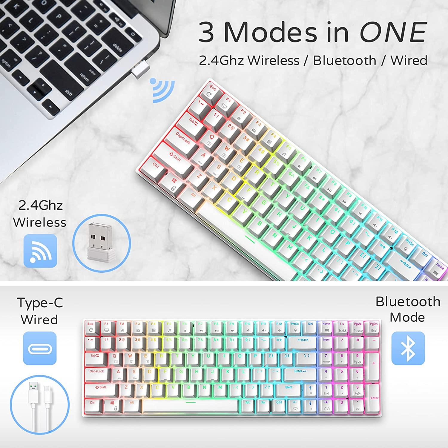 ROYAL KLUDGE RK100 TRI-MODE RGB 100 KEYS HOT SWAPPABLE MECHANICAL KEYBOARD WHITE (BROWN SWITCH) - DataBlitz