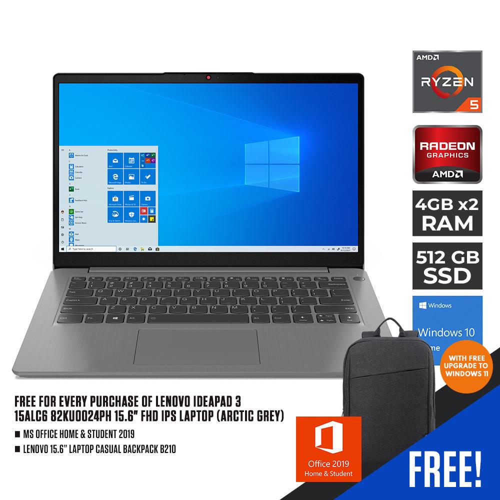 LENOVO IDEAPAD 3 15ALC6 82KU0024PH LAPTOP (ARCTIC GREY) | 15.6" FHD | RYZEN 5 5500U | 8GB DDR4 | 512GB SSD | AMD RADEON | WIN10 MS OFFICE HOME & STUDENT LENOVO LAPTOP CASUAL BACKPACK B210 - DataBlitz