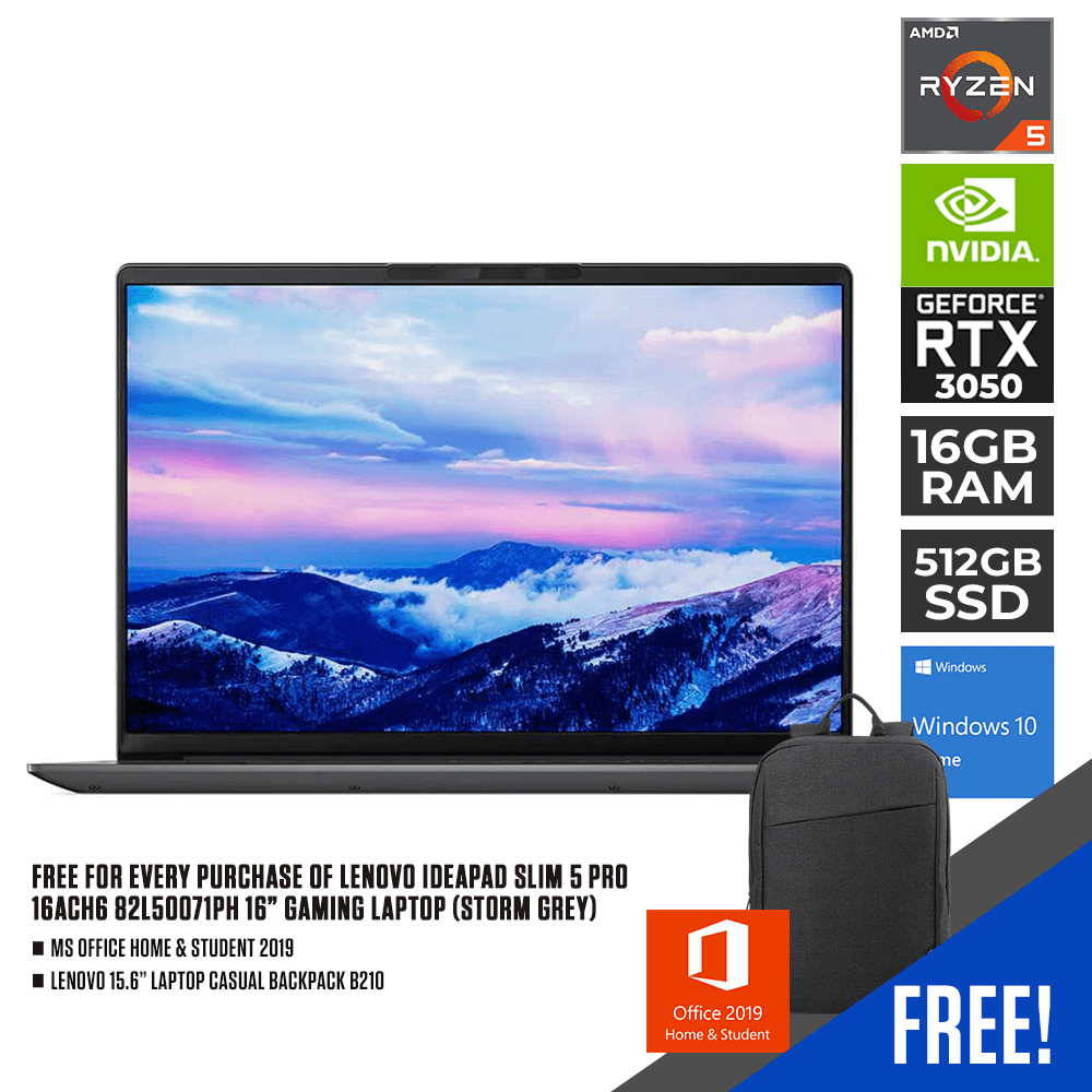 LENOVO IDEAPAD SLIM 5 PRO 16ACH6 82L50071PH LAPTOP (STORM GREY) | 16" FHD | RYZEN 5 5600H | 16GB DDR4 | 512GB SSD | RTX 3050 | WIN10 + LENOVO LAPTOP CASUAL BACKPACK B210 + LENOVO MONITOR D24-20 - DataBlitz