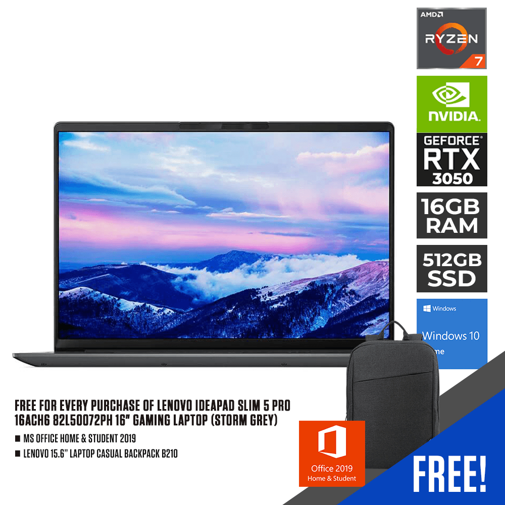 LENOVO IDEAPAD SLIM 5 PRO 16ACH6 82L50072PH GAMING LAPTOP (STORM GREY) | 16" WQXGA | RYZEN 7 5800H | 16GB DDR4 | 512GB SSD | RTX 3050 | WIN10 + LENOVO LAPTOP CASUAL BACKPACK B210 - DataBlitz