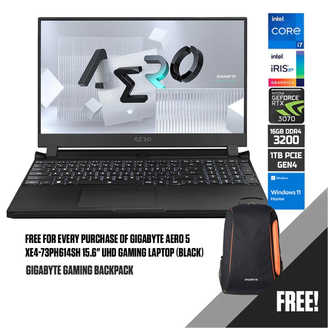 Gigabyte AERO 5 XE4-73PH614SH Gaming Laptop (Black) | 15.6" UHD | i7-12700H | 16GB DDR4 | 1 TB SSD | RTX™ 3070 Ti | Windows 11 Home + Gigabyte Backpack - DataBlitz