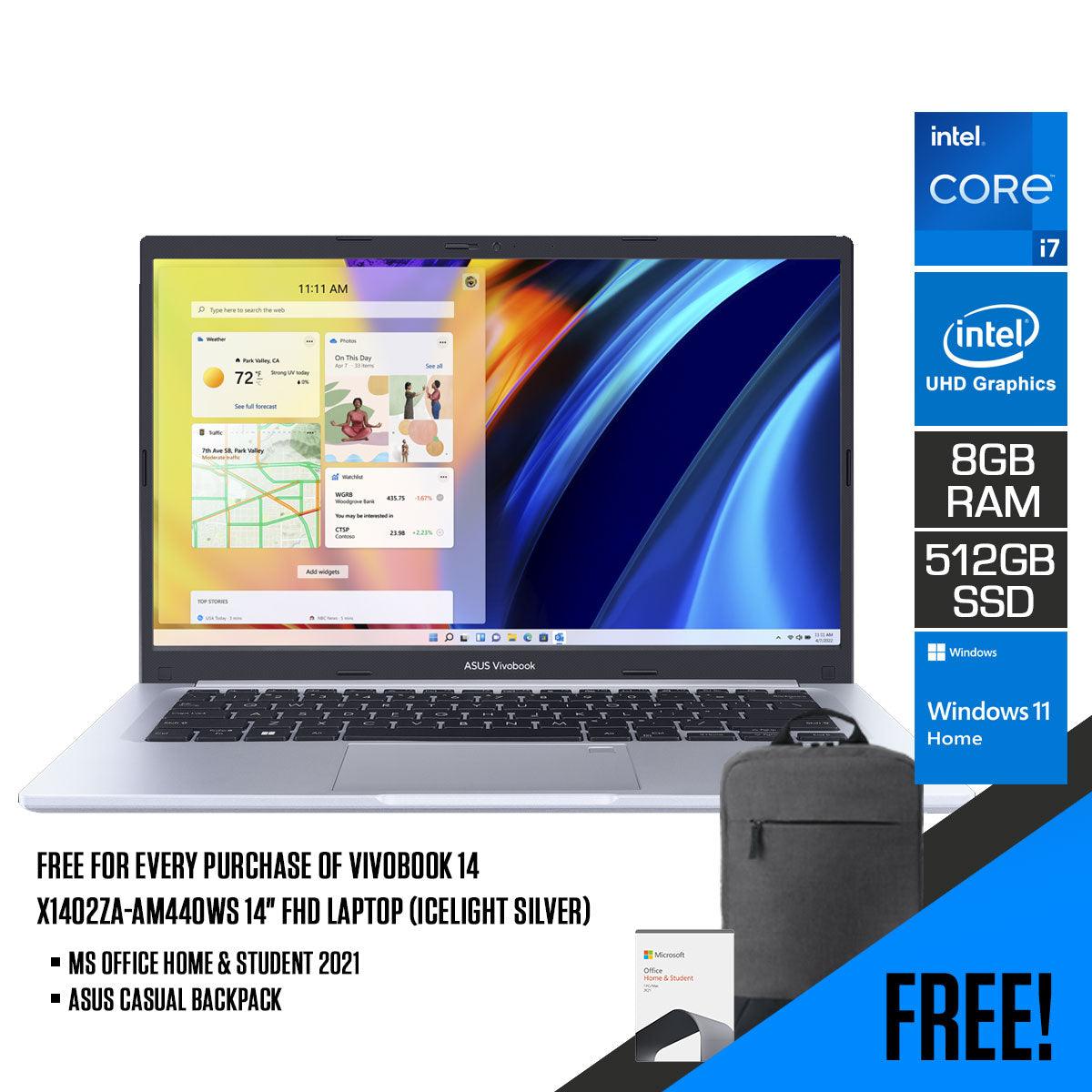 Asus Vivobook 14 X1402ZA-AM440WS Laptop (Icelight Silver) | 14”  FHD |  i7-1260P | 8 GB RAM DDR4 | 512 GB SSD | Intel® UHD Graphics | Windows 11 Home | MS Office Home & Student 2021 | Asus BP1504 Casual Backpack - DataBlitz