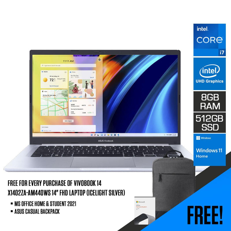 Asus Vivobook 14 X1402ZA-AM440WS Laptop (Icelight Silver) | 14”  FHD |  i7-1260P | 8 GB RAM DDR4 | 512 GB SSD | Intel® UHD Graphics | Windows 11 Home | MS Office Home & Student 2021 | Asus BP1504 Casual Backpack - DataBlitz