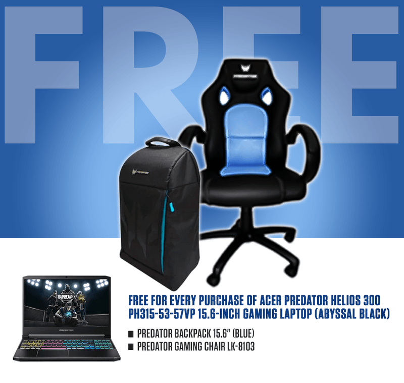 ACER PREDATOR HELIOS 300 PH315-53-57VP 15.6" GAMING LAPTOP (ABYSSAL BLACK) + PREDATOR BACKPACK 15.6" (BLUE) + PREDATOR GAMING CHAIR LK-8103 - DataBlitz