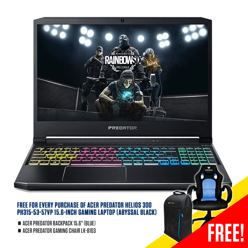 ACER PREDATOR HELIOS 300 PH315-53-57VP 15.6" GAMING LAPTOP (ABYSSAL BLACK) + PREDATOR BACKPACK 15.6" (BLUE) + PREDATOR GAMING CHAIR LK-8103 - DataBlitz