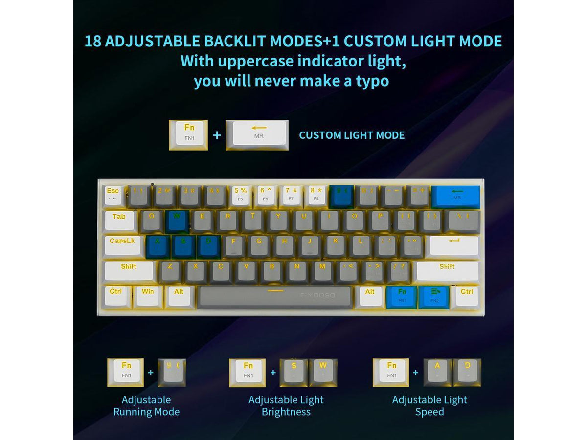 E-Yooso Z-11 Single Light RGB 61 Keys Hot Swappable Mechanical Keyboard Gray/White (Red Switch) - DataBlitz