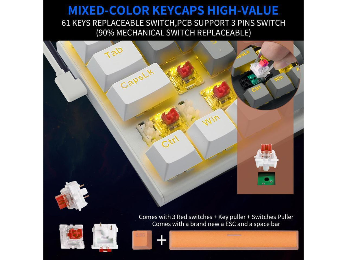 E-Yooso Z-11 Single Light RGB 61 Keys Hot Swappable Mechanical Keyboard Gray/White (Red Switch) - DataBlitz
