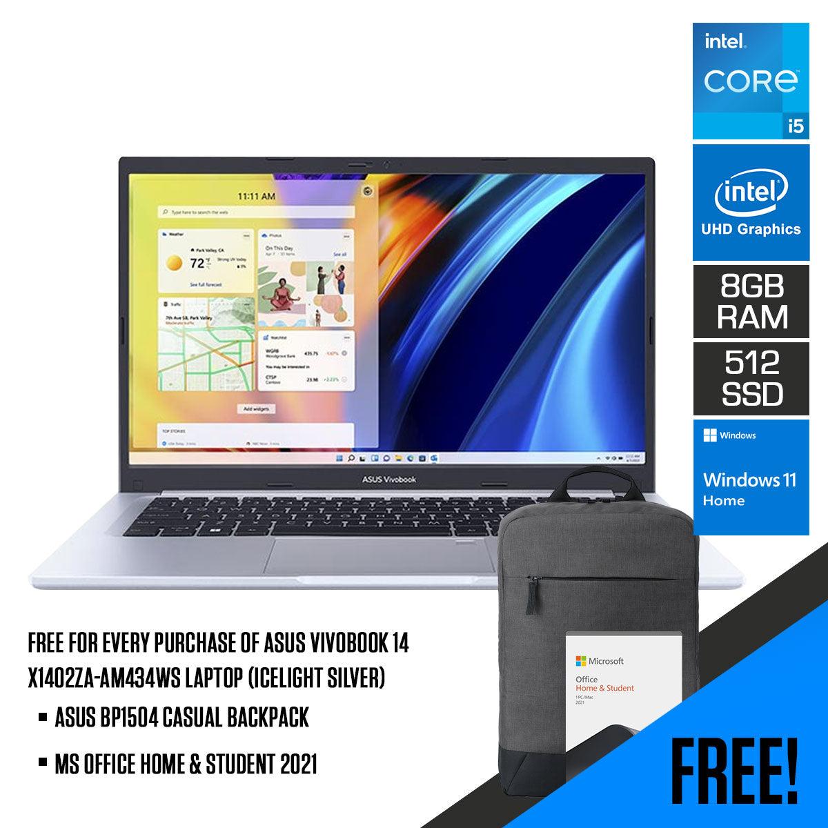 Asus Vivobook 14 X1402ZA-AM434WS Laptop (Icelight Silver) | 14" FHD | i5-1240P | 8GB DDR4 | 512GB M.2 SSD | Intel® UHD Graphics | Windows 11 Home | MS Office Home & Student 2021 | Asus BP1504 Casual Backpack - DataBlitz