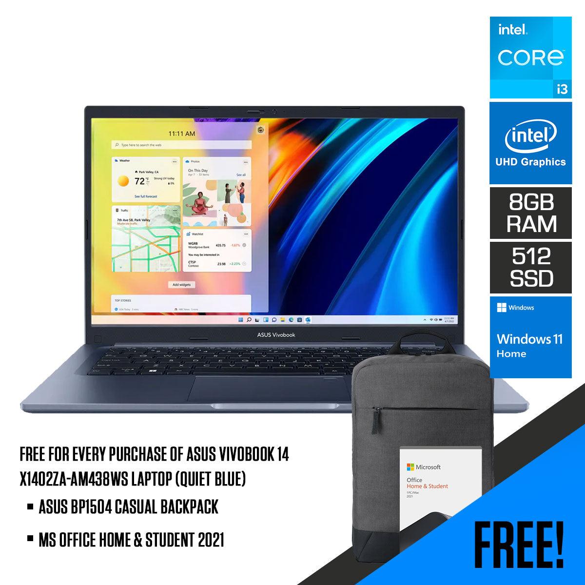Asus Vivobook 14 X1402ZA-AM438WS Laptop (Quiet Blue) | 14” FHD | i3-1220P | 8GB RAM | 512GB SSD | Intel® UHD Graphics | Windows 11 Home | MS Office Home & Student 2021 | Asus BP1504 Casual Backpack - DataBlitz