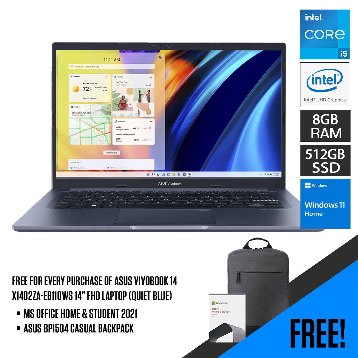 Asus Vivobook 14 X1402ZA-EB110WS Laptop (Quiet Blue) | 14”  FHD | i5-1235U | 8 GB RAM DDR4 | 512GB SSD | Intel® UHD Graphics | MS Office Home & Student 2021 | Asus BP1504 Casual Backpack - DataBlitz