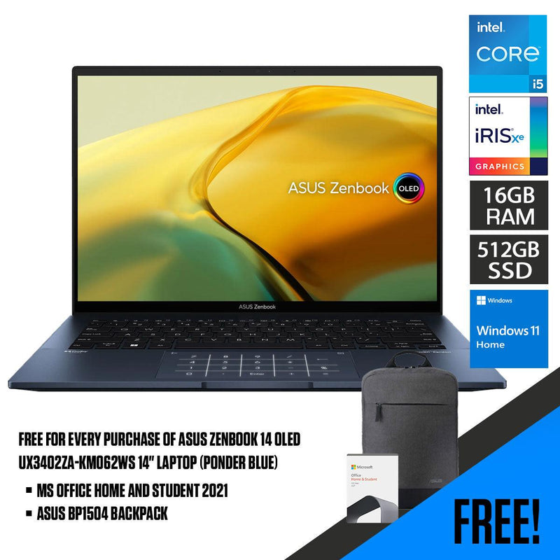 ASUS Zenbook 14 Oled UX3402ZA-KM062WS Laptop (Ponder Blue) | 14" 2.8K Oled |  i5-1240P | 16GB LPDDR5 | 512 GB SSD | Iris Xᵉ Graphics | Windows 11 Home | MS Office Home & Student 2021 | ASUS BP1504 Casual Backpack - DataBlitz