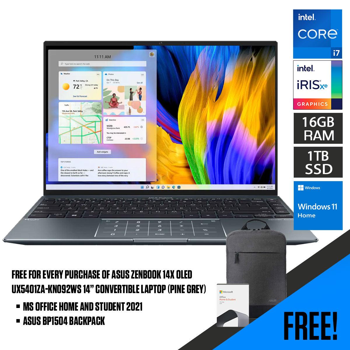 ASUS Zenbook 14X Oled UX5401ZA-KN092WS  Convertible Laptop (Pine Grey) | 14" 2.8k Oled |  i7-12700H | 16GB LPDDR5 | 1TB SSD | Iris Xᵉ Graphics | Windows 11 Home | MS Office Home & Student 2021 | ASUS BP1504 Casual Backpack - DataBlitz