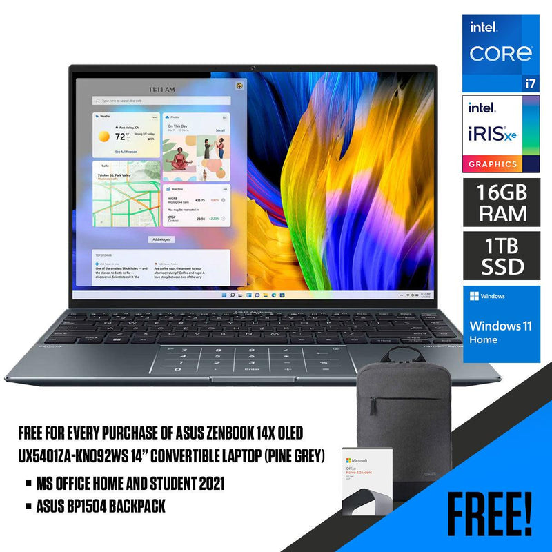 ASUS Zenbook 14X Oled UX5401ZA-KN092WS  Convertible Laptop (Pine Grey) | 14" 2.8k Oled |  i7-12700H | 16GB LPDDR5 | 1TB SSD | Iris Xᵉ Graphics | Windows 11 Home | MS Office Home & Student 2021 | ASUS BP1504 Casual Backpack - DataBlitz