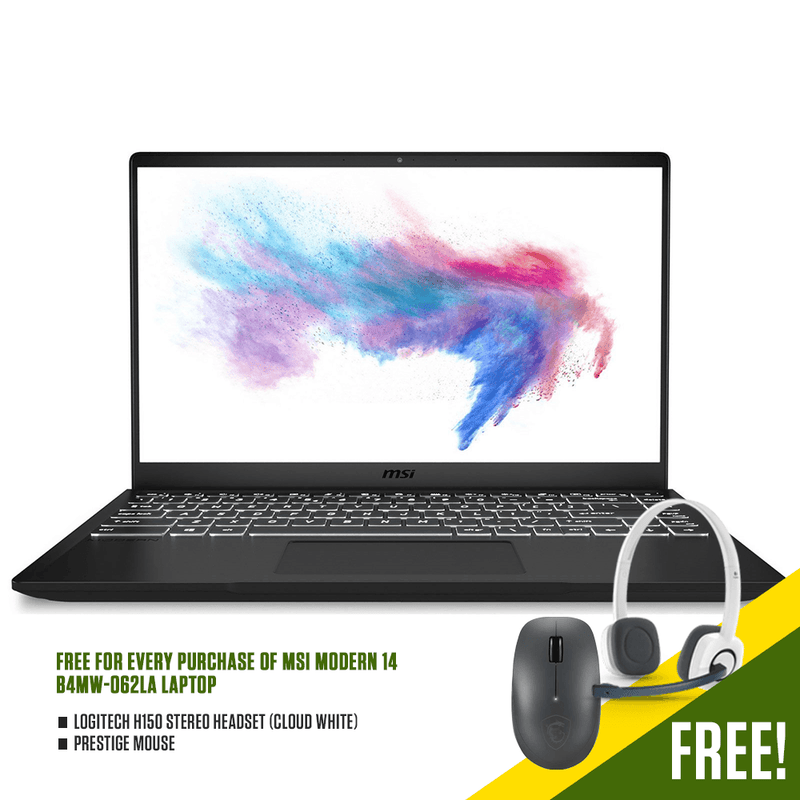 MSI MODERN 14 B4MW-062LA 14" LAPTOP + LOGITECH H150 STEREO HEADSET (CLOUD WHITE) + PRESTIGE MOUSE - DataBlitz