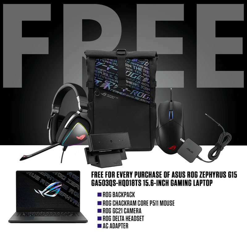 ASUS ROG ZEPHYRUS G15 GA503QS-HQ018TS GAMING LAPTOP | 15.6" QHD | 16GB DDR4 | 1TB SSD | RTX 3080 | WIN10 + ROG BACKPACK + CHAKRAM CORE MOUSE P511 + ROG GC21 CAMERA + ROG DELTA HEADSET - DataBlitz