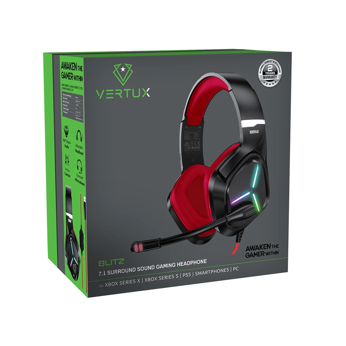 Vertux Blitz 7.1 Surround Sound Gaming Headphone Red - DataBlitz
