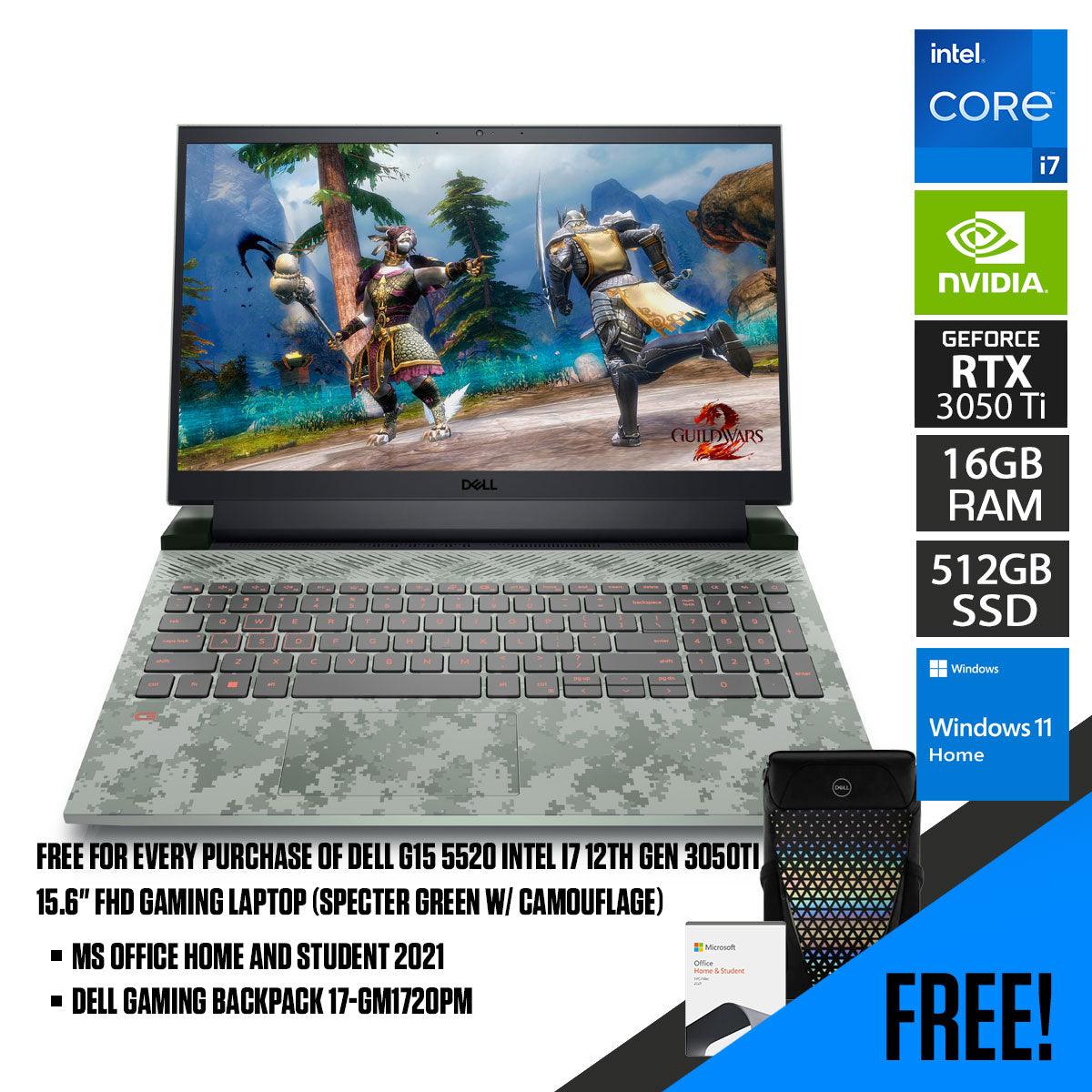 Dell G15 5520 Gaming Laptop (Specter Green With Camouflage) | 15.6” FHD | i7-12700H | 16GB RAM | 512GB SSD | RTX 3050 Ti | Windows 11 Home | MS Office H&S 2021 | Gaming Backpack 17-GM1720PM - DataBlitz