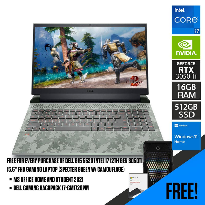 Dell G15 5520 Gaming Laptop (Specter Green With Camouflage) | 15.6” FHD | i7-12700H | 16GB RAM | 512GB SSD | RTX 3050 Ti | Windows 11 Home | MS Office H&S 2021 | Gaming Backpack 17-GM1720PM - DataBlitz
