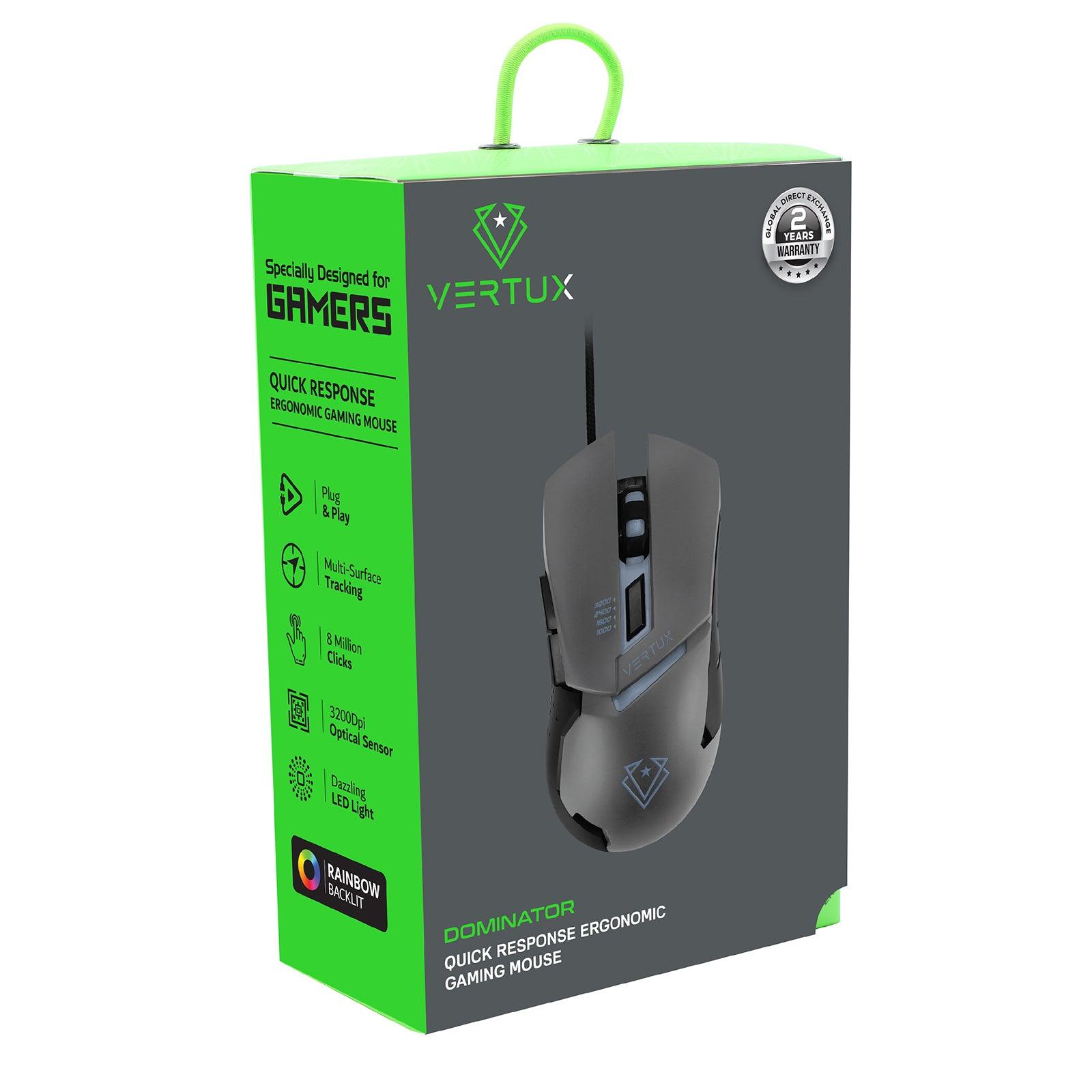 VERTUX DOMINATOR QUICK RESPONSE WIRED ERGONOMIC GAMING MOUSE GREY - DataBlitz