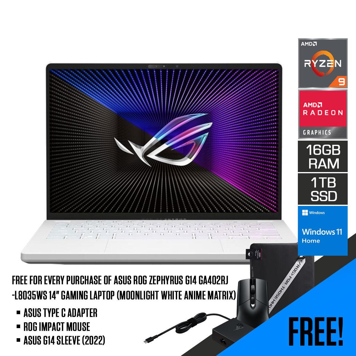 Asus ROG Zephyrus G14 GA402RJ-L8035WS Gaming Laptop (Moonlight White Anime Matrix) | 14" QHD | Ryzen™ 9 6900HS | 16GB RAM DDR5 | 1TB M.2 SSD | RX 6700S | Windows 11 Home | MS Office H&S 2021 | G14 Sleeve (2022) | ROG Impact Mouse - DataBlitz