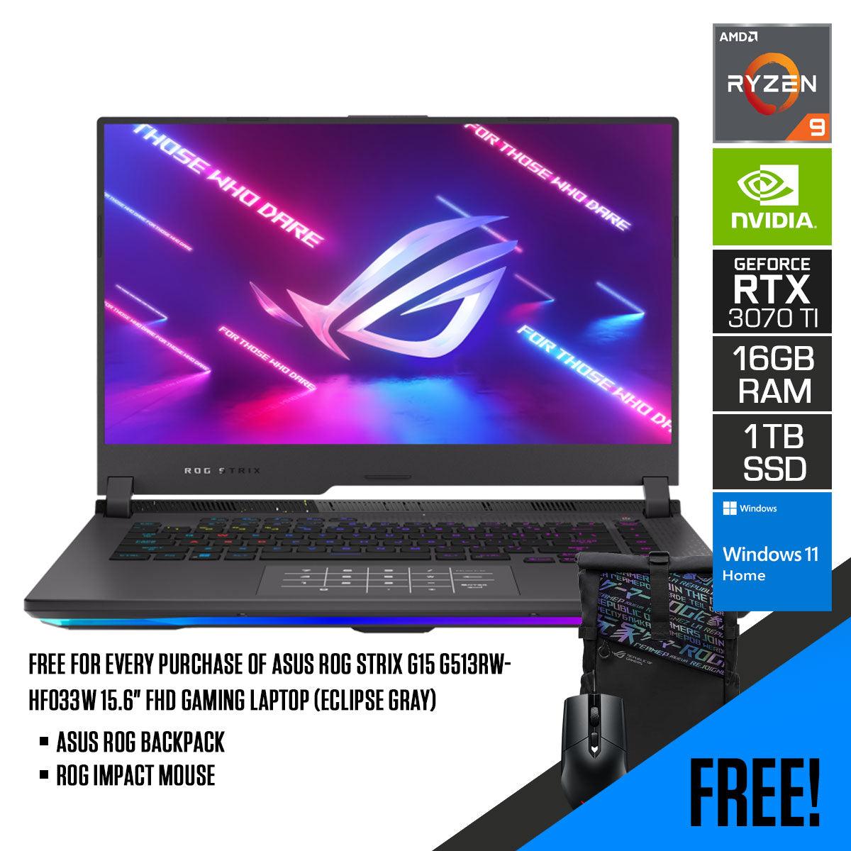 Asus ROG Strix G15 G513RW-HF033W Gaming Laptop (Eclipse Gray) | 15.6” FHD | Ryzen™ 9 6900HX | 16GB RAM DDR5 | 1TB M.2 SSD | RTX™ 3070 Ti | Windows 11 Home | MS Office Home & Student 2021 | ROG Backpack - DataBlitz