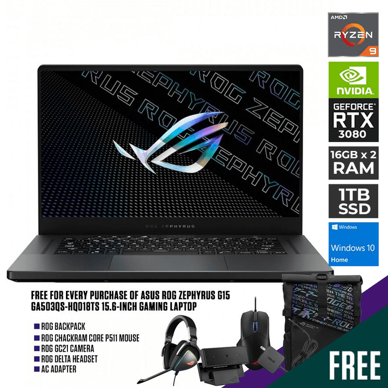 ASUS ROG ZEPHYRUS G15 GA503QS-HQ018TS GAMING LAPTOP | 15.6" QHD | 16GB DDR4 | 1TB SSD | RTX 3080 | WIN10 + ROG BACKPACK + CHAKRAM CORE MOUSE P511 + ROG GC21 CAMERA + ROG DELTA HEADSET - DataBlitz