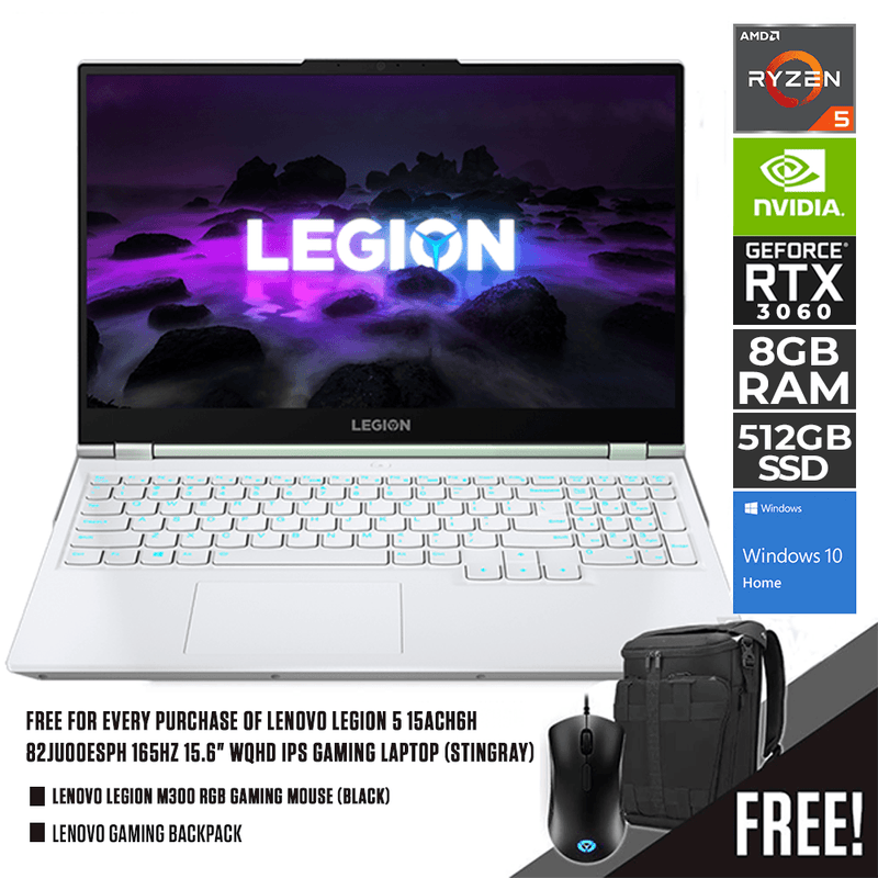 LENOVO LEGION 5 15ACH6H 82JU00ESPH GAMING LAPTOP (STINGRAY) | 15.6" WQHD | RYZEN 5 5600H | 8GB DDR4 | 512GB SSD | WIN10 + LENOVO LEGION M300 RGB GAMING MOUSE + LENOVO GAMING BACKPACK - DataBlitz