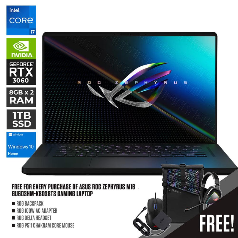 ASUS ROG ZEPHYRUS M16 GU603HM-K8038TS GAMING LAPTOP | 16" WQXGA | i7-11800H | 8GB DDR4 | 1TB SSD | RTX 3060 | WIN10 + P511 + 100W AC ADAPTER + DELTA HEADSET + ROG BACKPACK - DataBlitz