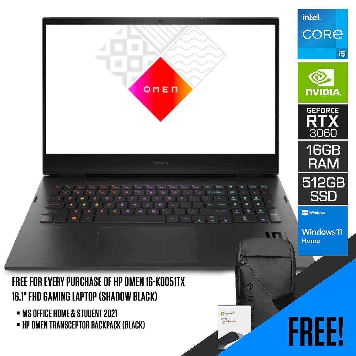 HP Omen 16-K0051TX Gaming Laptop (Shadow Black) | 16.1" FHD |  i5-12500H | 16GB RAM | 512GB SSD | RTX 3060 | Windows 11 Home | MS Office Home & Student 2021 | HP Omen Transceptor 15” Backpack (Black) - DataBlitz