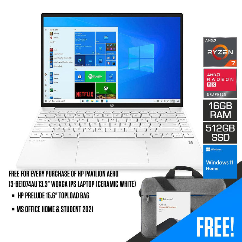 HP Pavilion Aero 13-BE1074AU Laptop (Ceramic White) | 13.3” WQXGA  | Ryzen™ 7 5825U | 16 GB RAM DDR4 | 512 GB SSD | Radeon™ Graphics | Windows 11 Home | MS Office Home & Student 2021 + HP Prelude 15.6”  Topload Bag - DataBlitz