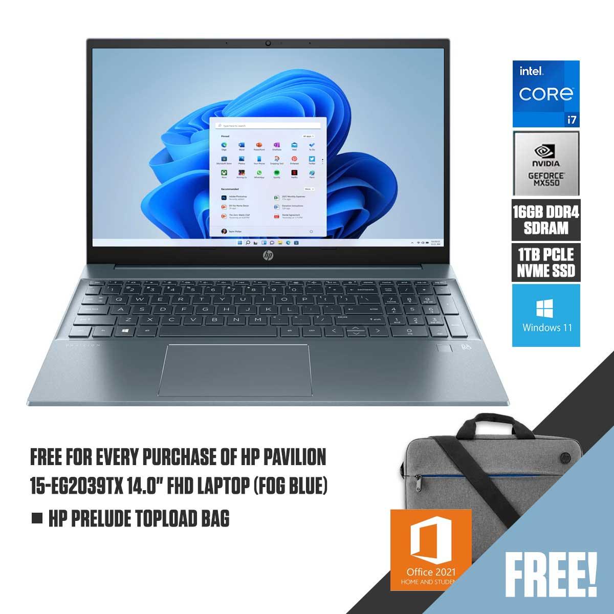 HP Pavilion 15-EG2039TX Laptop (Fob Blue) | 15.6” FHD | i7-1255U | 16GB RAM DDR4 | 1TB M.2 SSD | NVIDIA MX550 | Windows 11 Home | MS Office Home & Student 2021 | HP Prelude 15.6" Topload Bag - DataBlitz