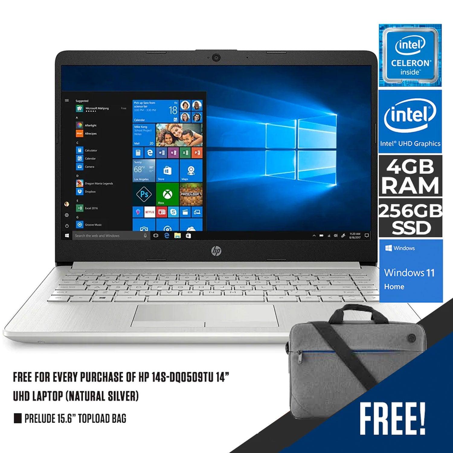 HP 14S-DQ0509TU LAPTOP (NATURAL SILVER) | 14” UHD | INTEL CELERON | 4GB DDR4 | 256GB SSD | INTEL UHD | WIN11 | HP PRELUDE TOPLOAD BAG - DataBlitz
