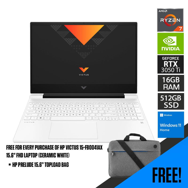 HP Victus 15-FB0041AX Laptop (Ceramic White) | 15.6”  FHD | Ryzen™ 7 5800H | 16GB RAM DDR4 | 512 GB SSD | RTX™ 3050 Ti | Windows 11 | HP Prelude 15.6”  Topload Bag - DataBlitz