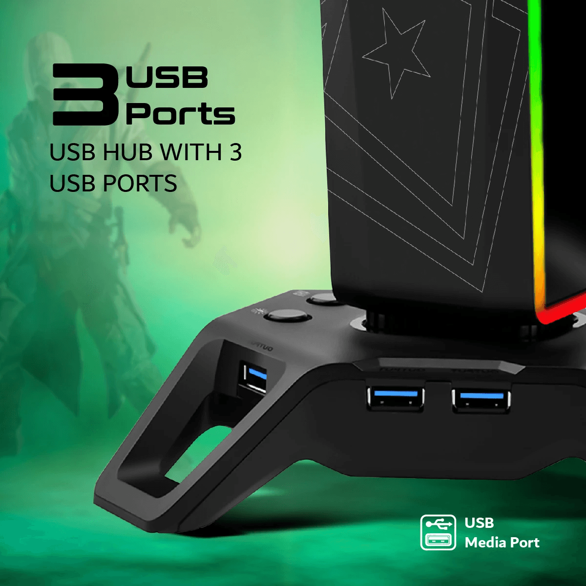 VERTUX HEXARACK GAMING HEADPHONE STAND WITH IMMERSIVE 7.1 AUDIO PORTS BLACK - DataBlitz