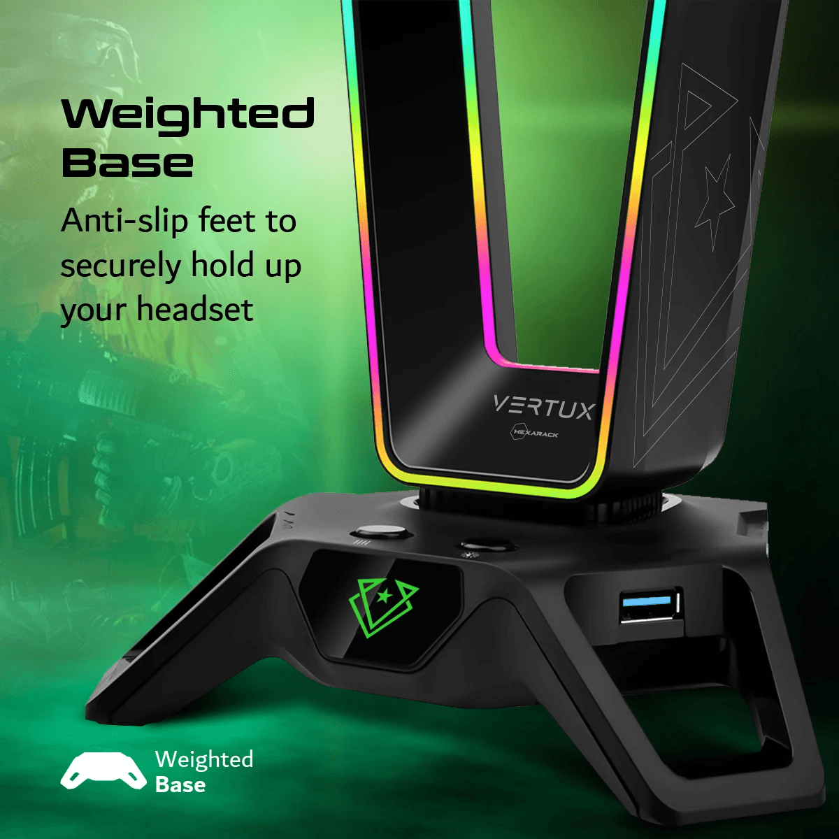 VERTUX HEXARACK GAMING HEADPHONE STAND WITH IMMERSIVE 7.1 AUDIO PORTS BLACK - DataBlitz
