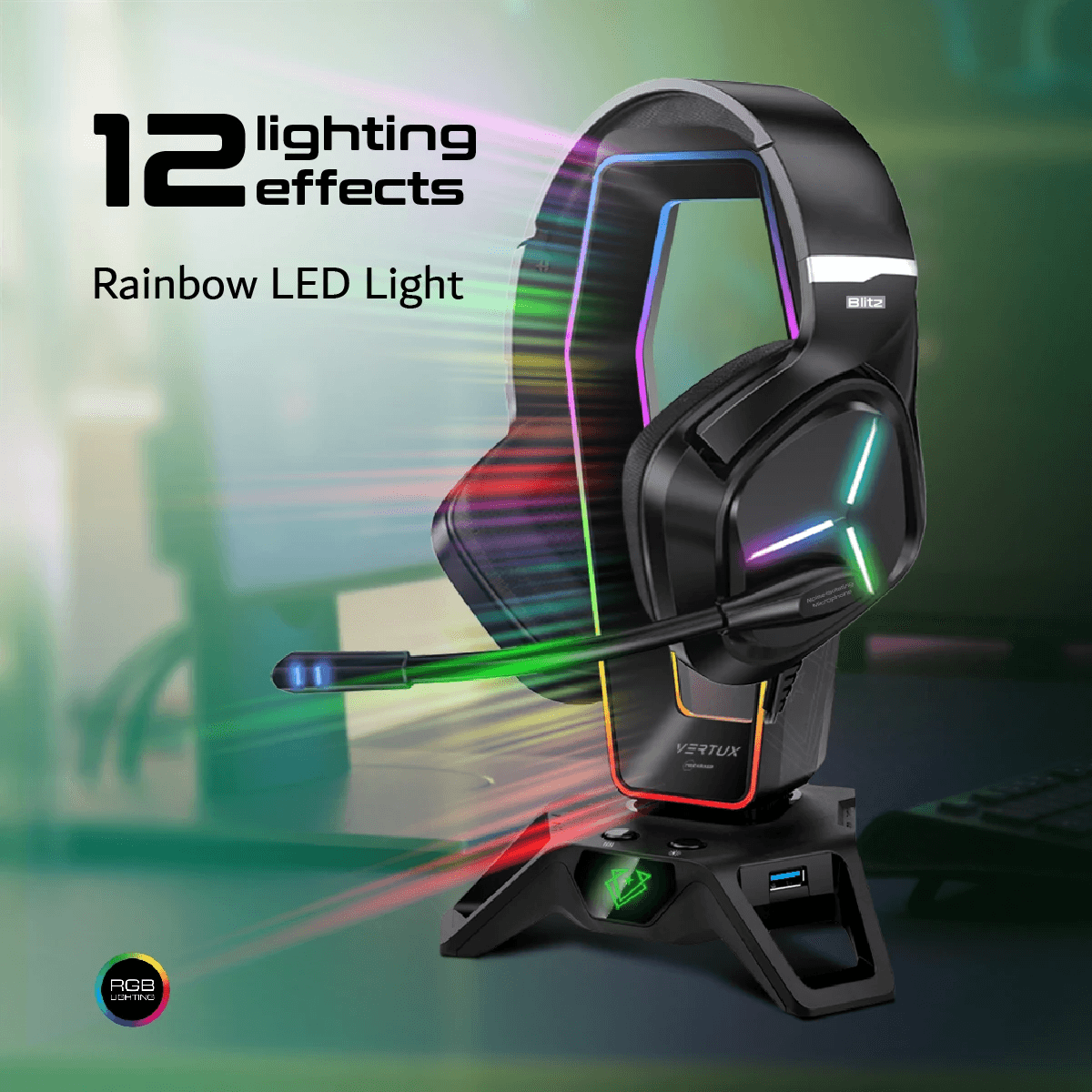 VERTUX HEXARACK GAMING HEADPHONE STAND WITH IMMERSIVE 7.1 AUDIO PORTS BLACK - DataBlitz